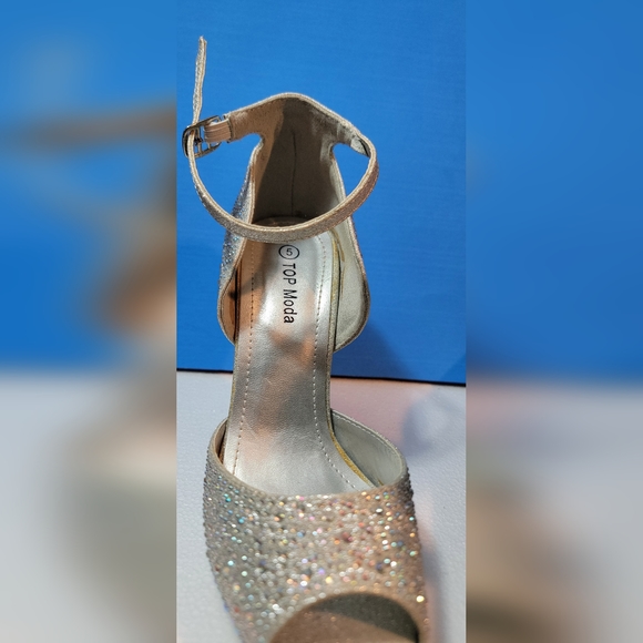 Top Moda Size 5 Formal Evening Party Ankle Strap High Heel Peep Toe Glitter - Picture 2 of 11